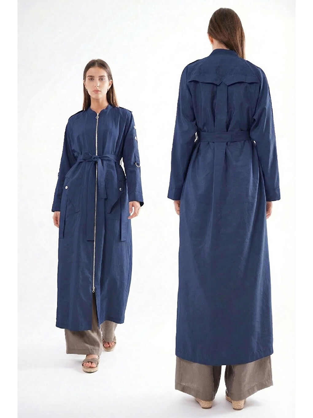 Kolu Çıtçıt Detay Önden Fermuarlı Safari Kap Ceket 820 Lacivert-1