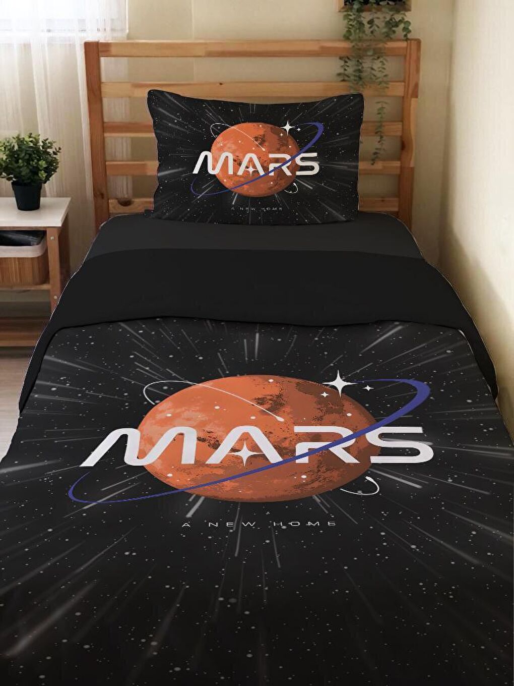 EVMİLA Karışık Çift Taraflı Mars Desenli Çarşafsız Takım Tek Kişilik Nevresim Takımı 160x220 Cm