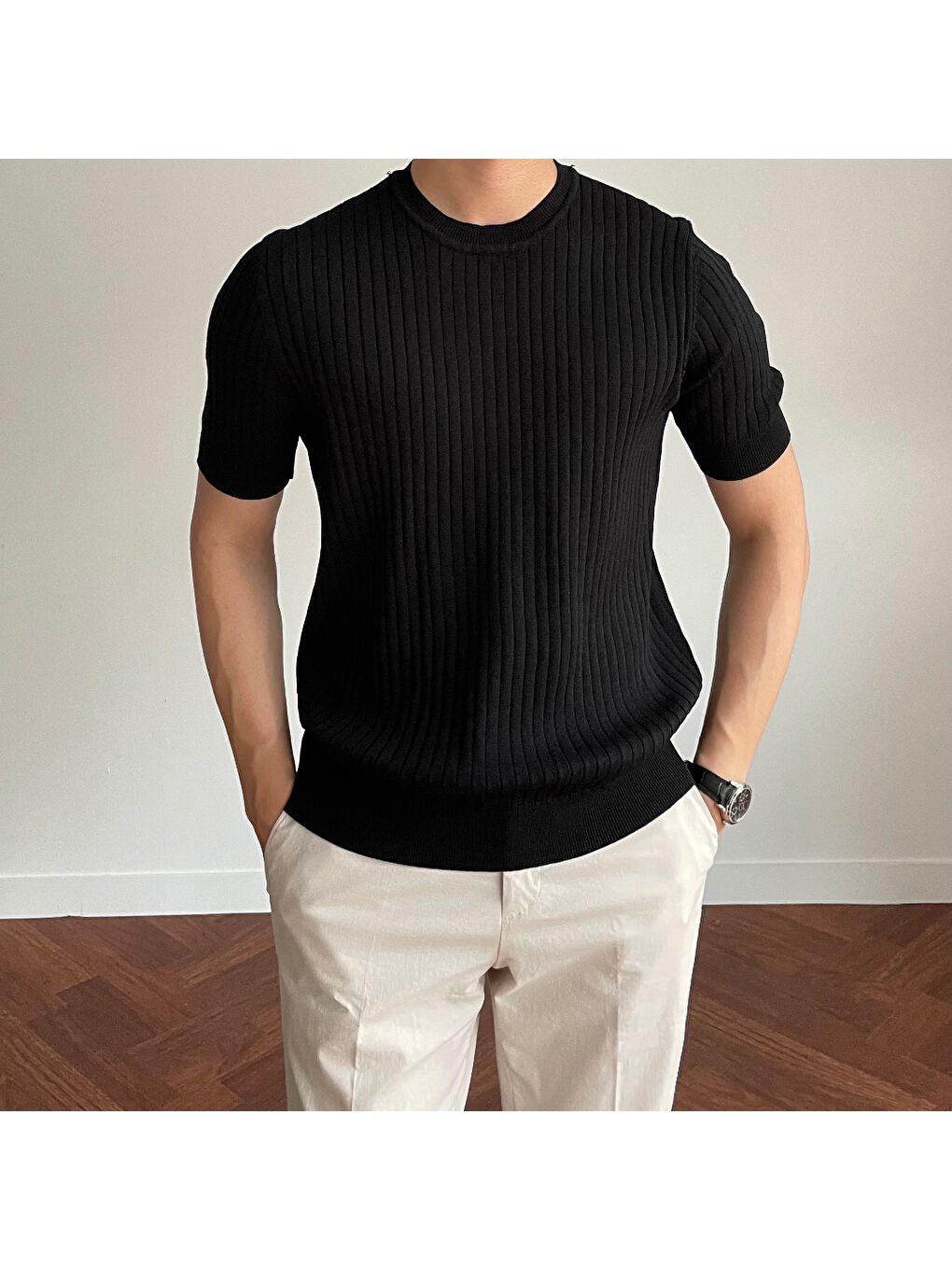 Siyah Erkek Fitilli Slim Fit Bisiklet Yaka Triko Tişört-1