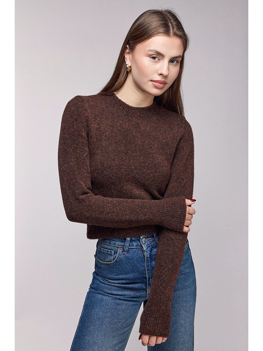 Kahverengi Bisiklet Yaka Basic Yumuşak Dokulu Triko Kazak