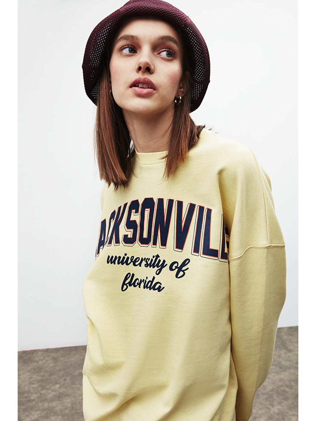 Ramona Kadın Oversize Yumuşacık İçi Polarlı Organik Pamuklu Baskılı Yuvarlak Yakalı Sarı Sweatshirt-1