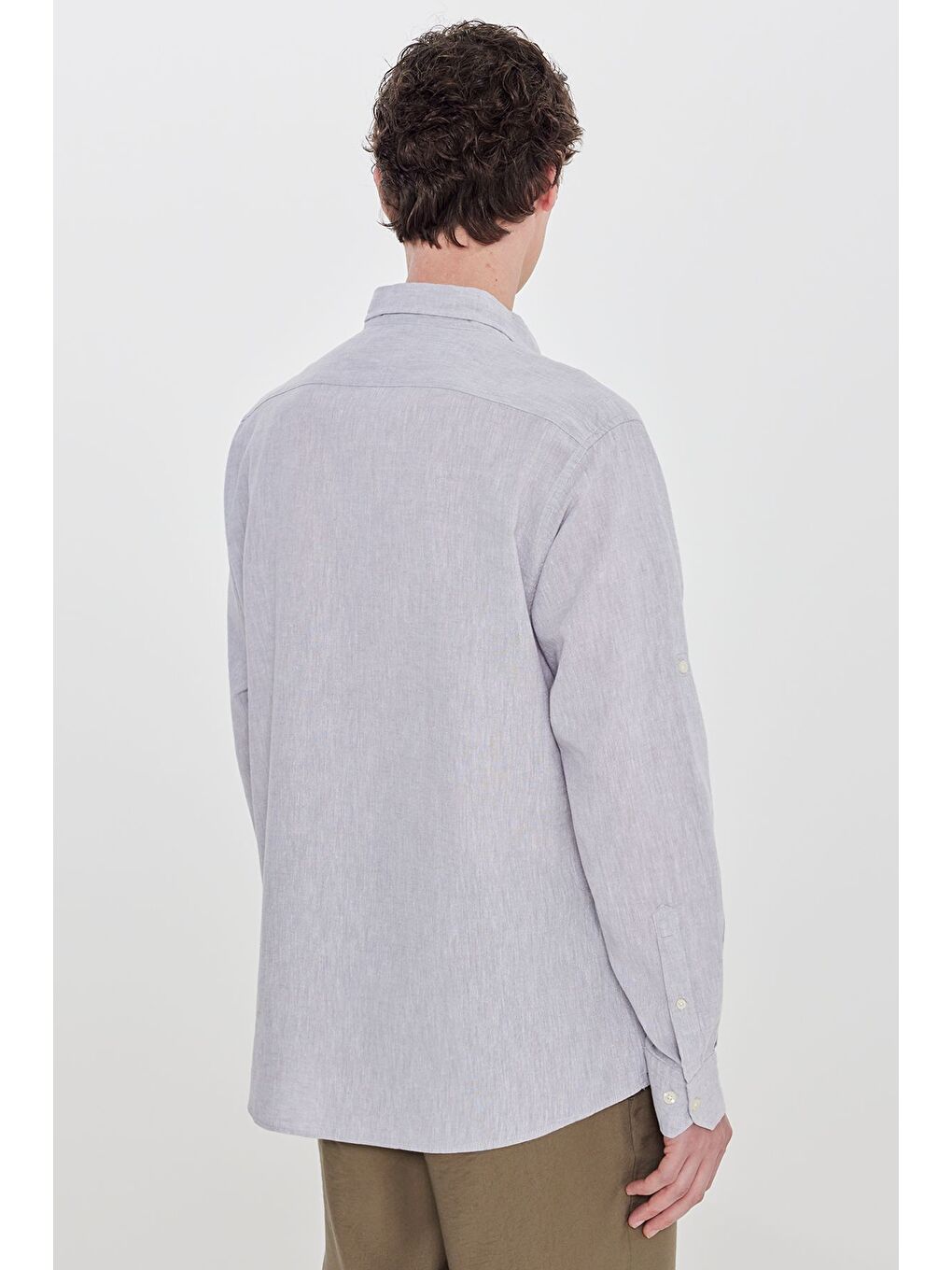 Erkek Gri Pamuklu Keten Comfort Fit Düğmeli Yaka Çizgili Gömlek-4