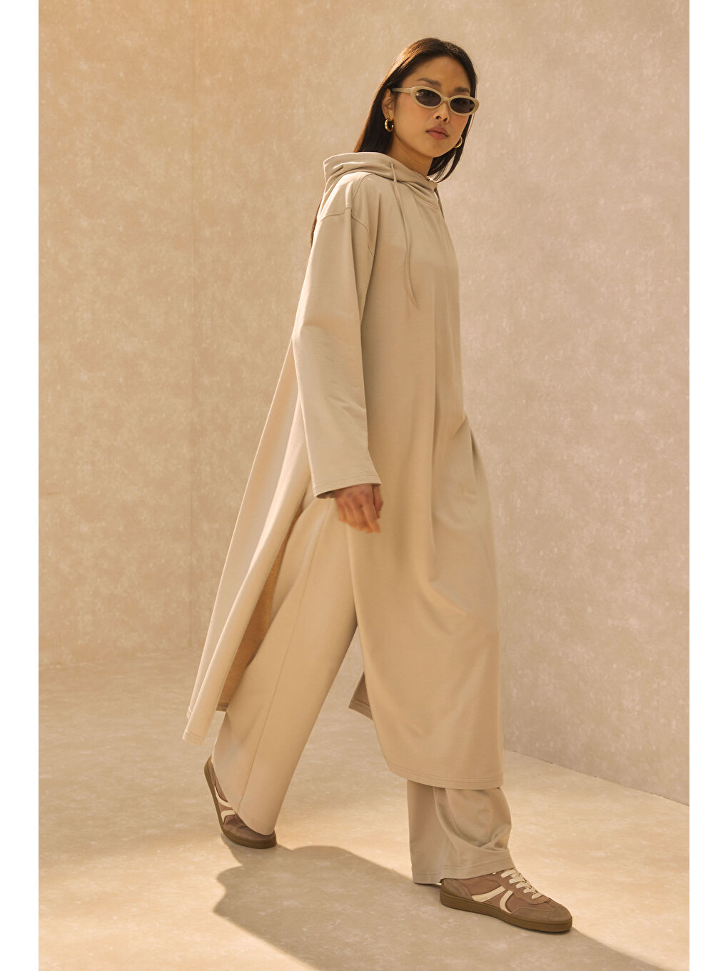 Ekru Kapüşonlu Uzun Sweat İstiridye-2