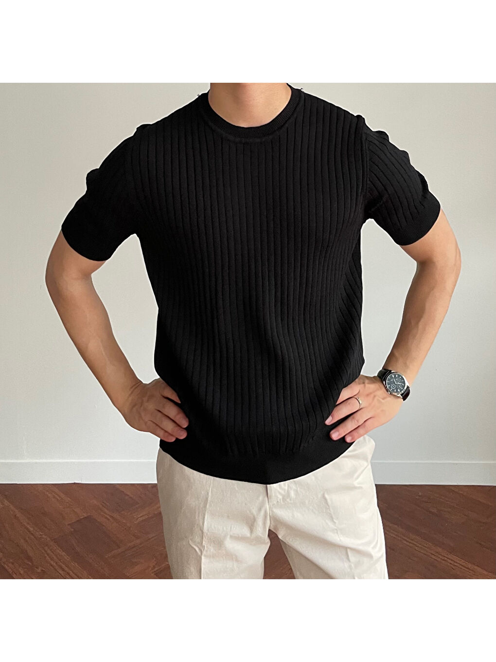 Siyah Erkek Fitilli Slim Fit Bisiklet Yaka Triko Tişört-3