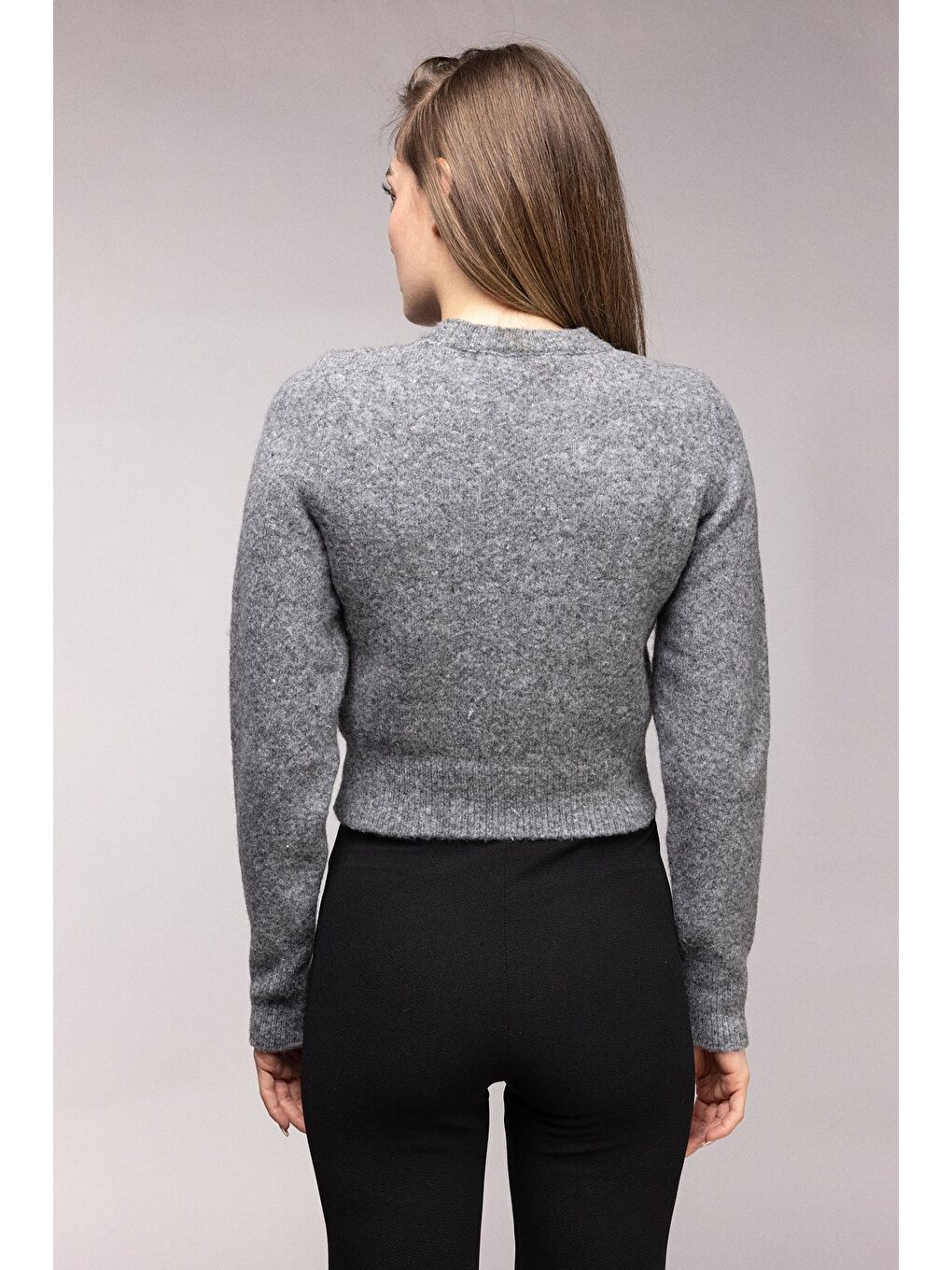 Beyaz Gri Bisiklet Yaka Basic Yumuşak Dokulu Triko Kazak-4