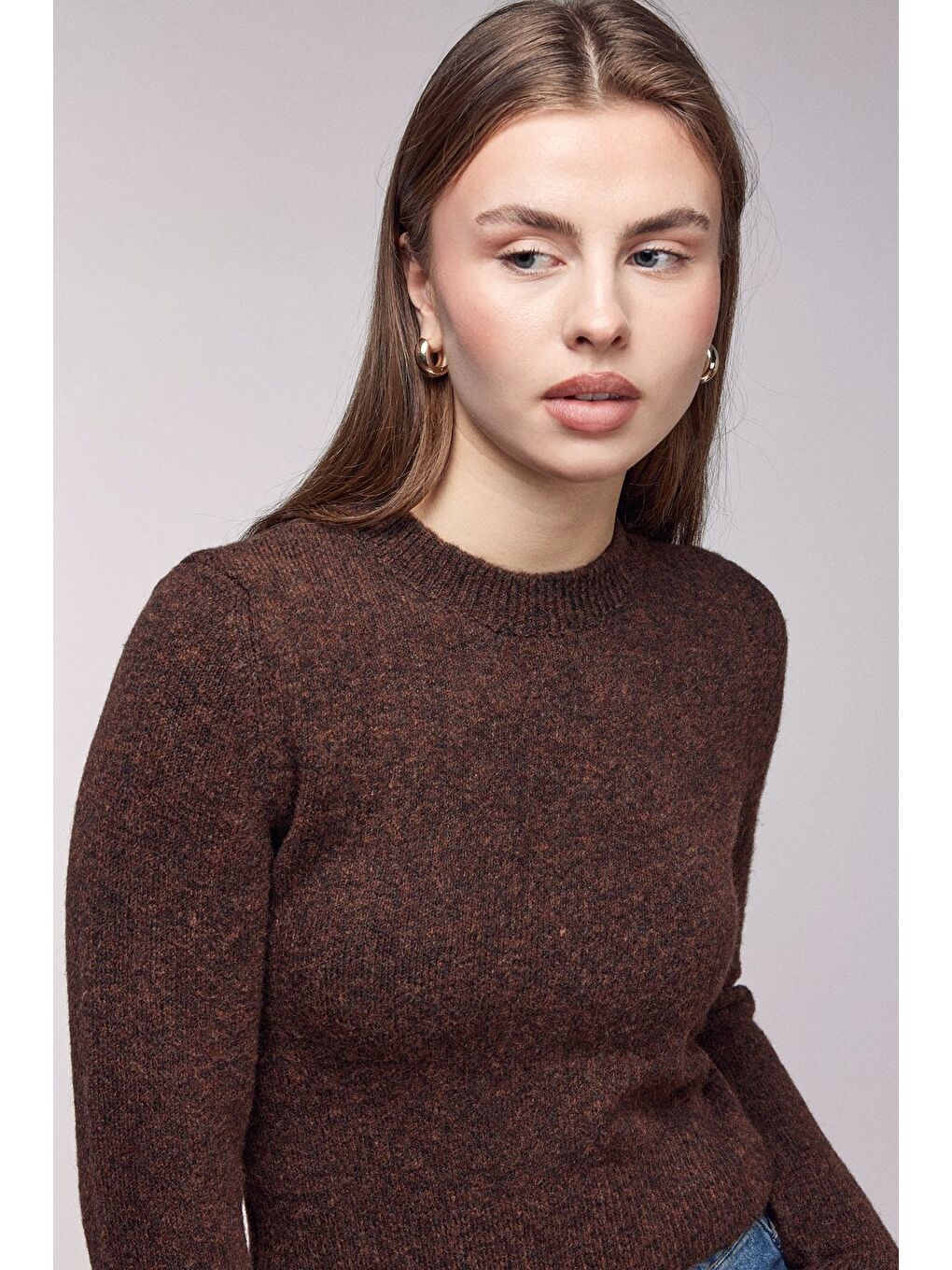 Kahverengi Bisiklet Yaka Basic Yumuşak Dokulu Triko Kazak-1