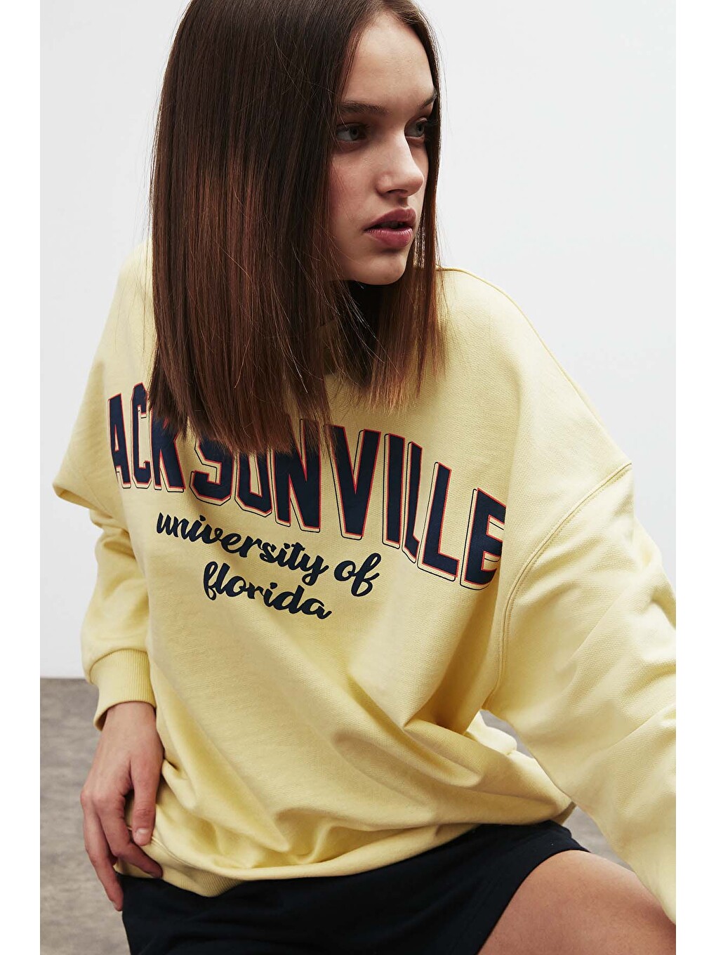 Ramona Kadın Oversize Yumuşacık İçi Polarlı Organik Pamuklu Baskılı Yuvarlak Yakalı Sarı Sweatshirt-2