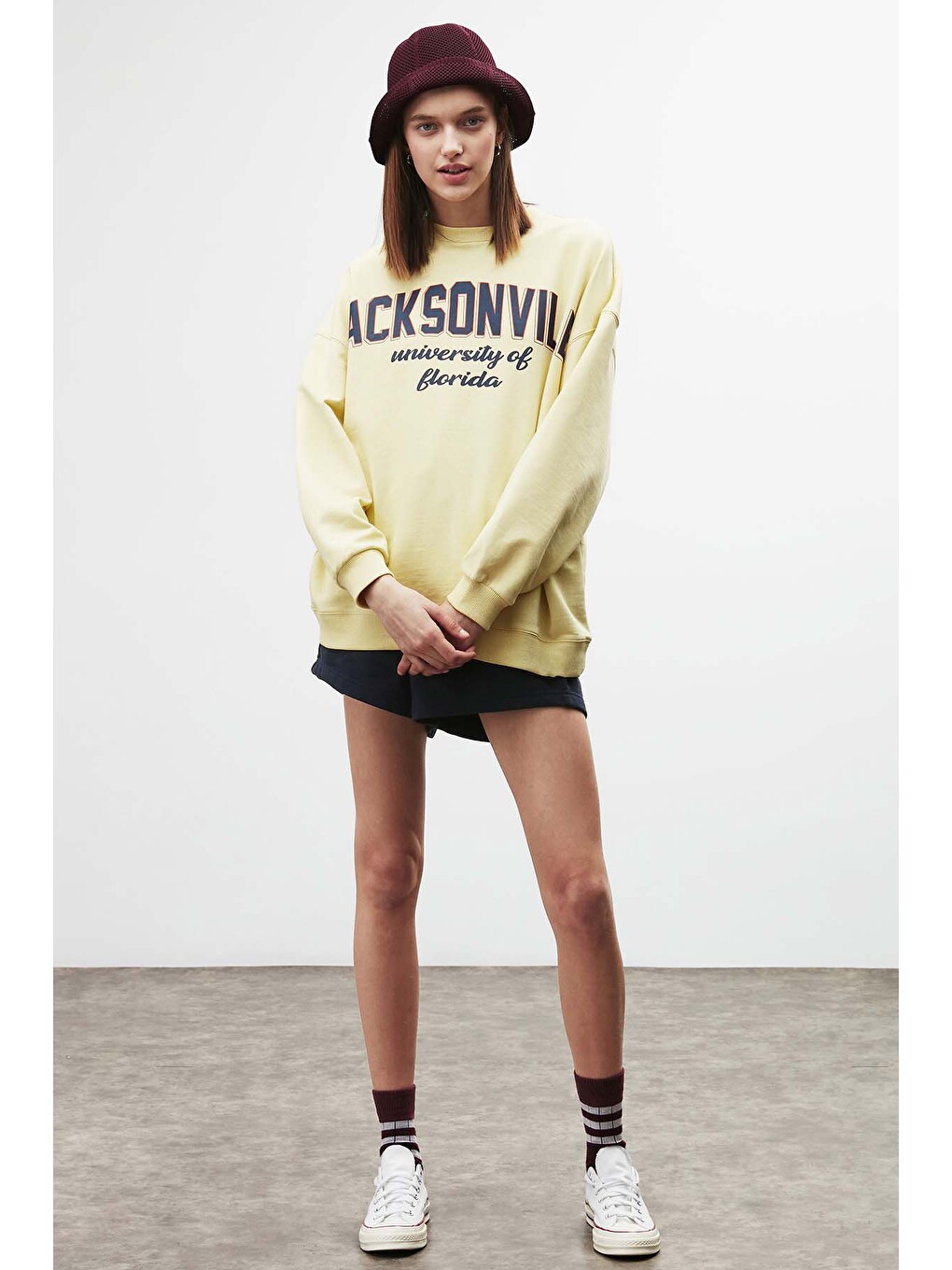 Ramona Kadın Oversize Yumuşacık İçi Polarlı Organik Pamuklu Baskılı Yuvarlak Yakalı Sarı Sweatshirt-3