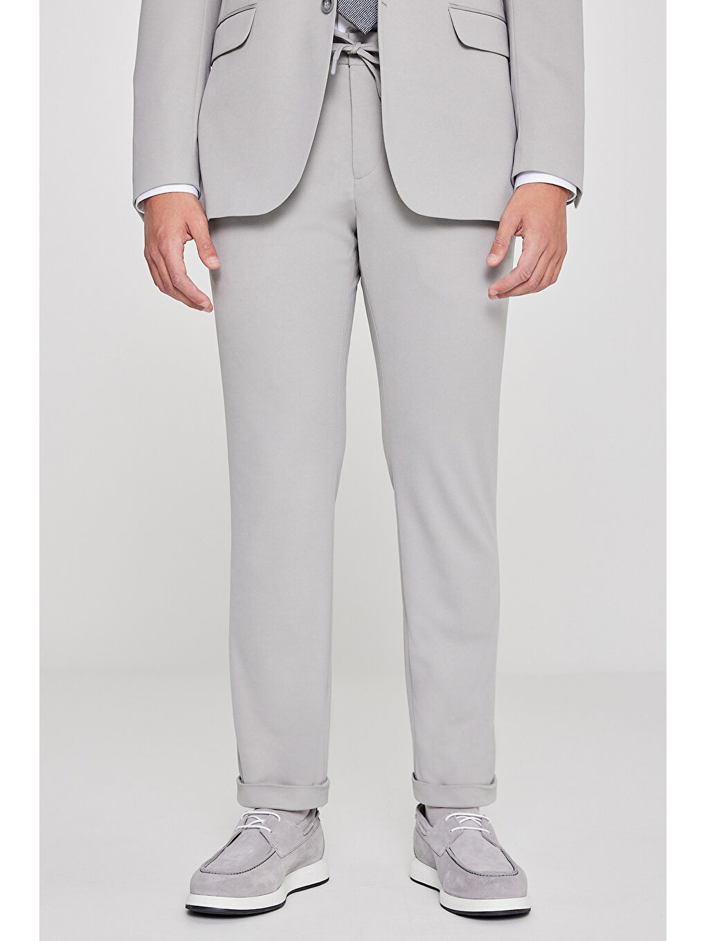 Erkek Gri Slim Fit Dar Kesim Mono Yaka Beli Bağlamalı Kapak Cepli Esnek Takım Elbise-4