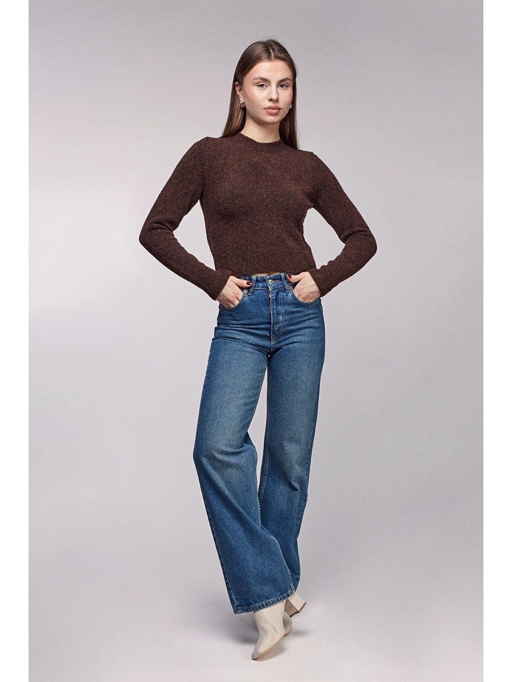 Kahverengi Bisiklet Yaka Basic Yumuşak Dokulu Triko Kazak-2