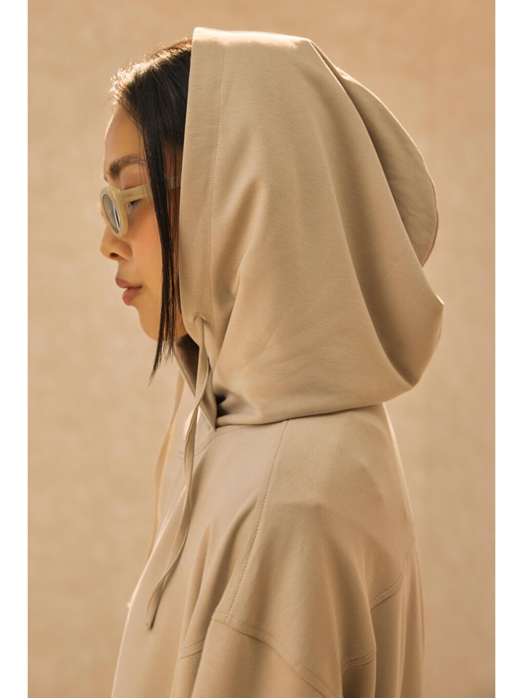 Ekru Kapüşonlu Uzun Sweat İstiridye-4