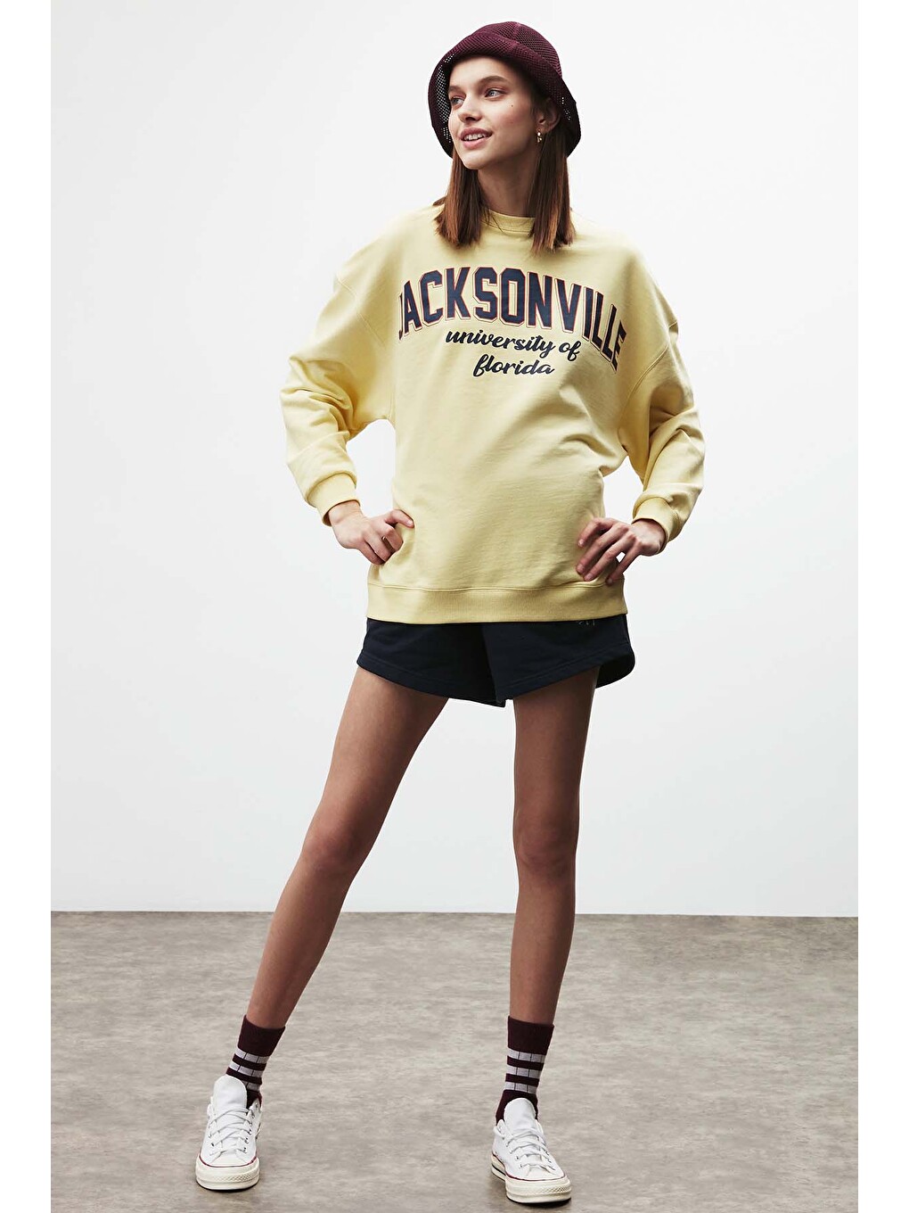 Ramona Kadın Oversize Yumuşacık İçi Polarlı Organik Pamuklu Baskılı Yuvarlak Yakalı Sarı Sweatshirt-5