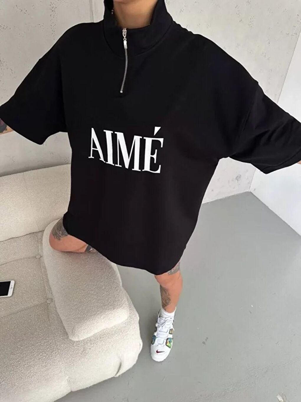 Unisex Yarım Fermuarlı Baskılı T-Shirt - Siyah-1