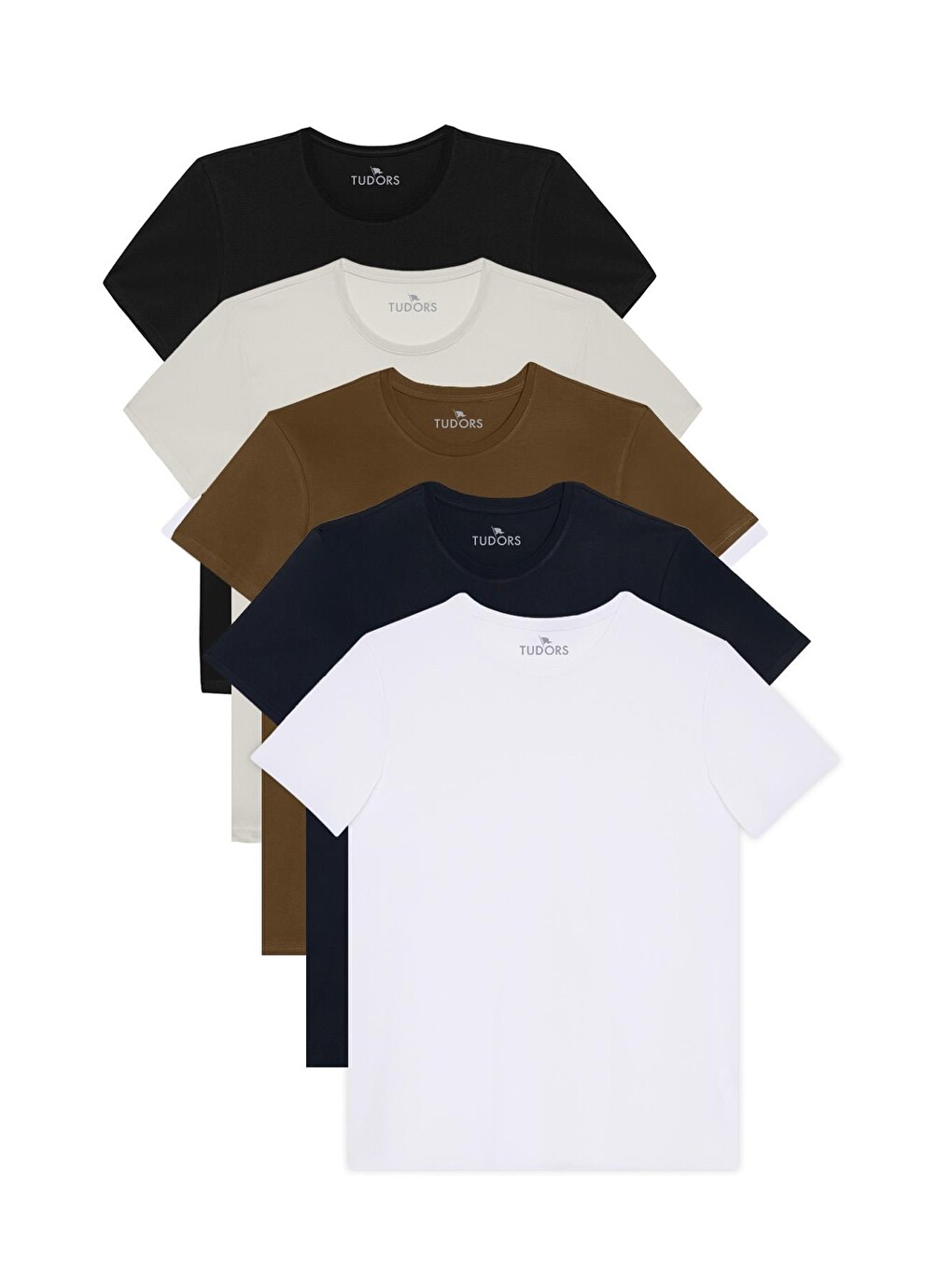 Unisex 5'li Paket Siyah-beyaz-taş-lacivert-haki Slim Fit Dar Kesim %100 Pamuk Bisiklet Yaka Tişört