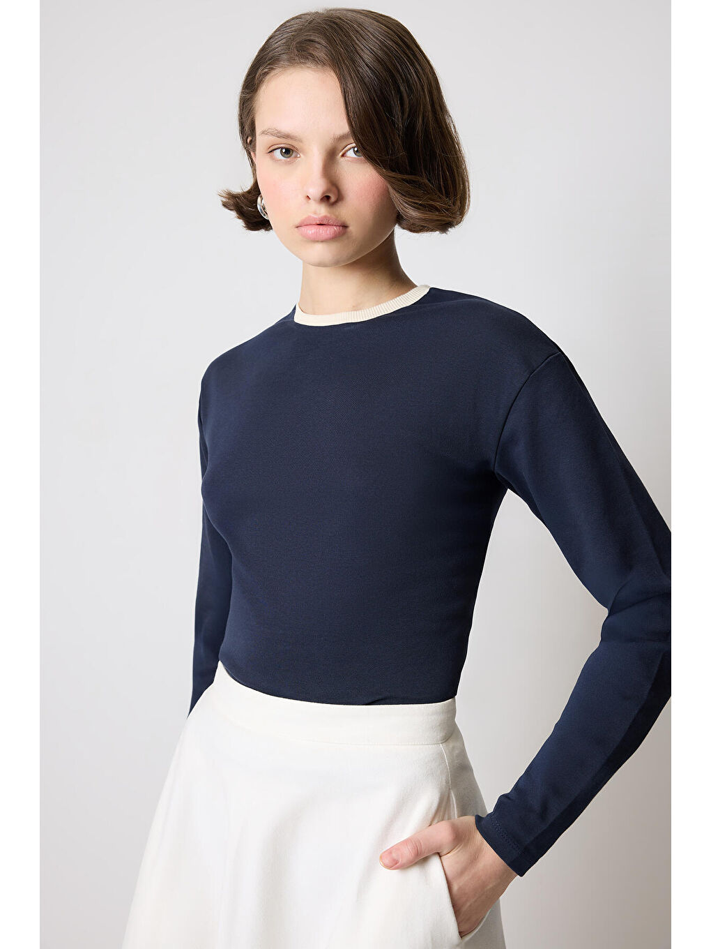 Lacivert Ribana Yaka T-Shirt-1