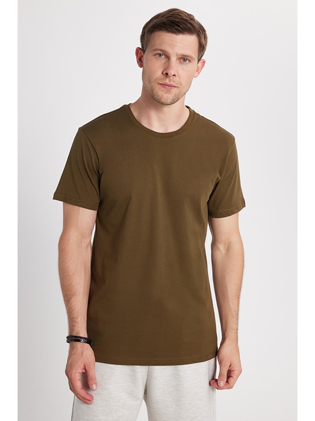 Unisex 5'li Paket Siyah-beyaz-taş-lacivert-haki Slim Fit Dar Kesim %100 Pamuk Bisiklet Yaka Tişört-3