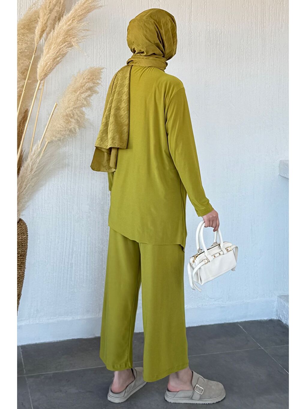 Yeşil Bel Lastikli Pantolon Gold Tokalı Tunik Tesettür İkili Takım-3