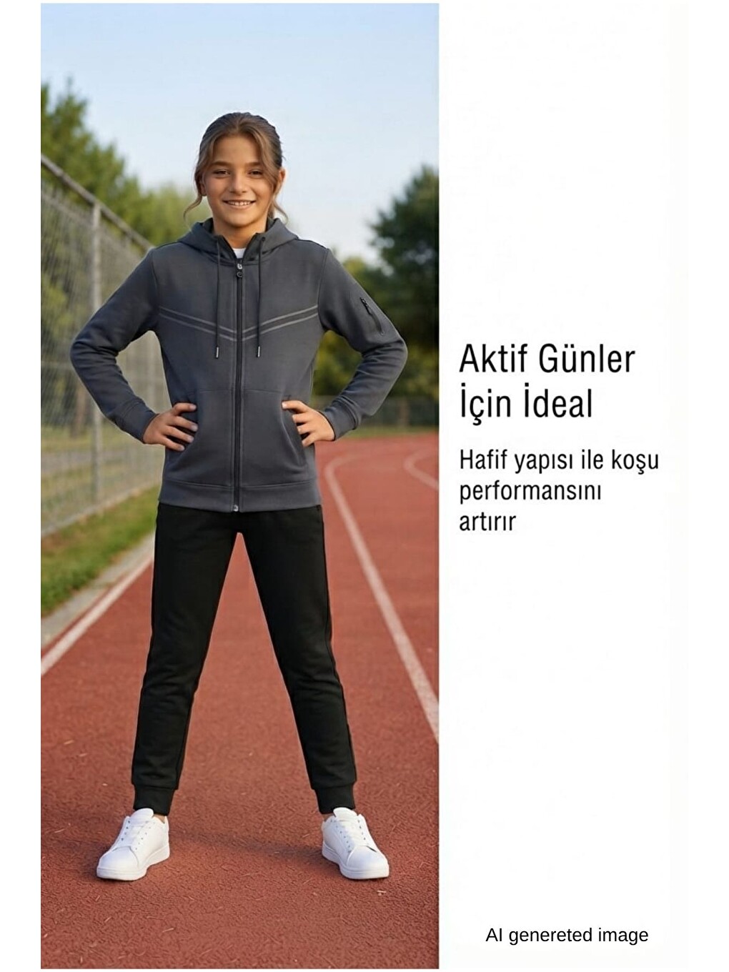 Gri Kız Çocuk Kolu Cepli Şerit Baskılı Kapüşonlu Dalgıç Kumaş Eşofman Takımı Esf7031-2