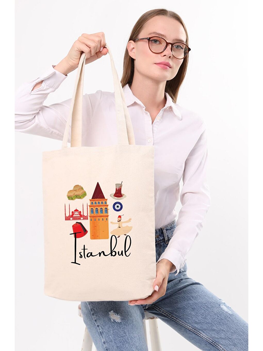 Ekru Kanvas Festanbul Baskılı Bez Çanta