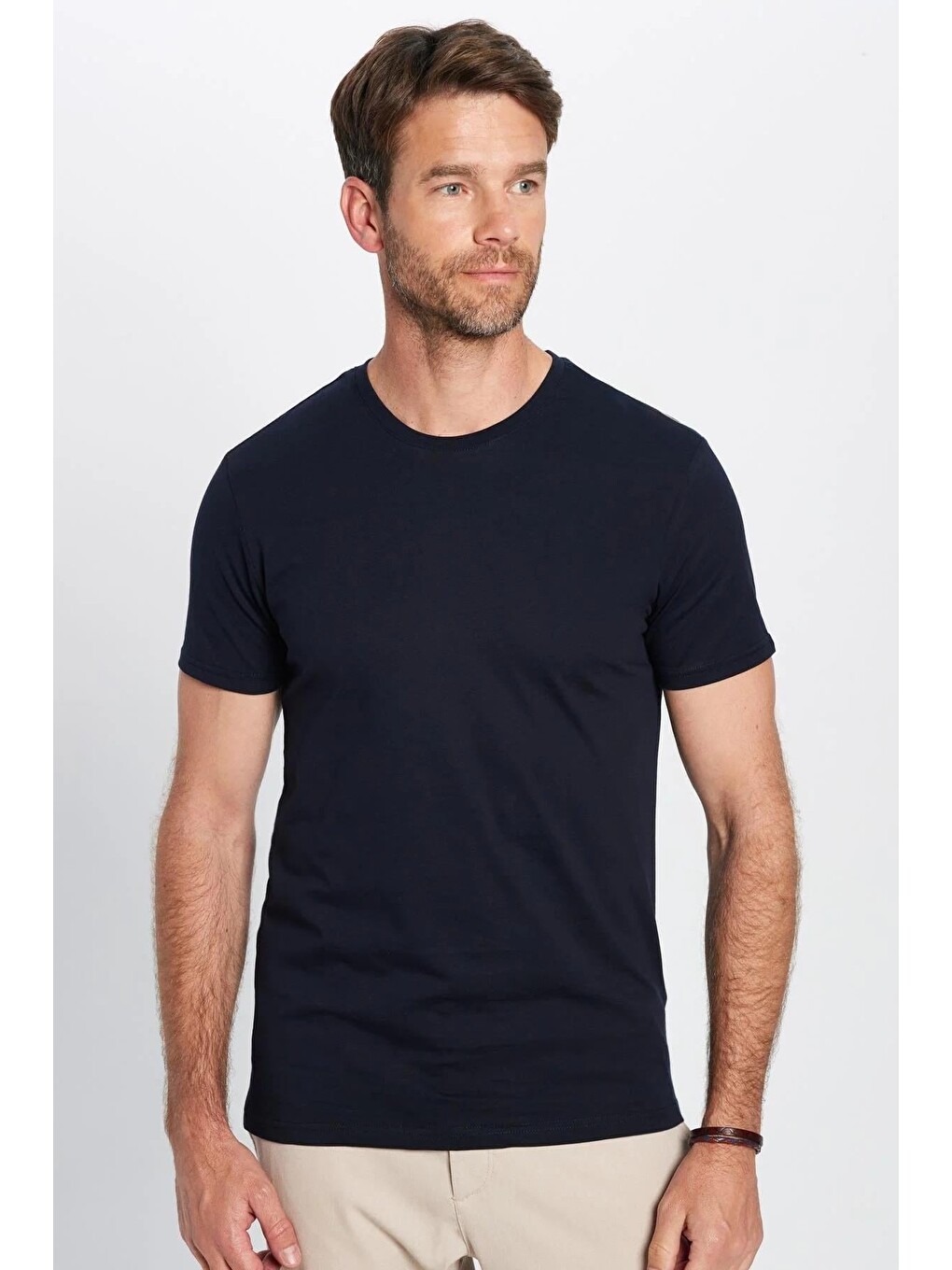 Unisex 5'li Paket Siyah-beyaz-taş-lacivert-haki Slim Fit Dar Kesim %100 Pamuk Bisiklet Yaka Tişört-4