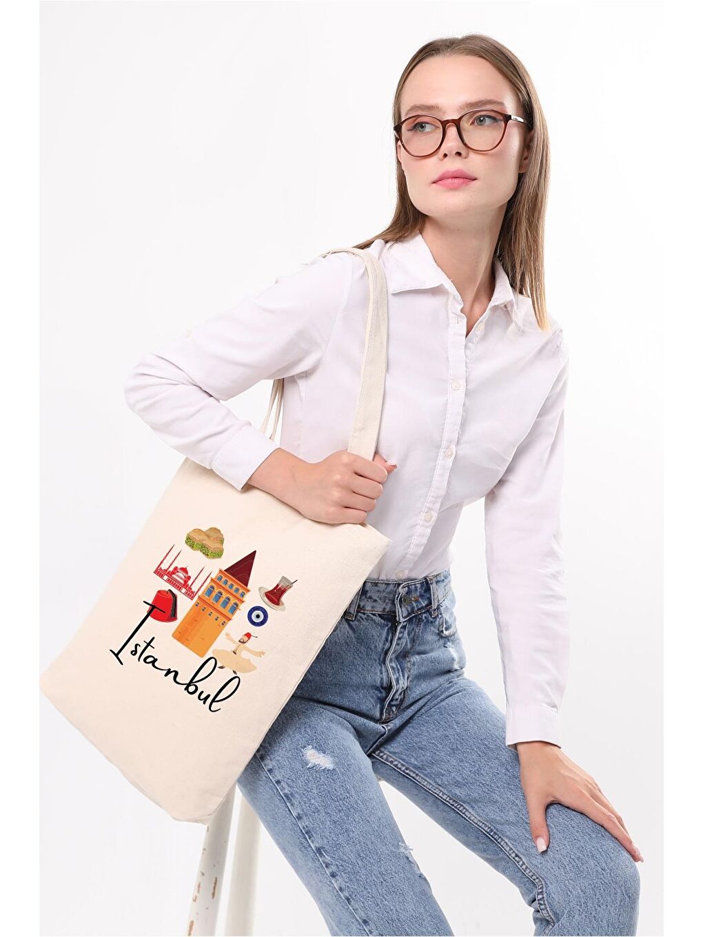 Ekru Kanvas Festanbul Baskılı Bez Çanta-1