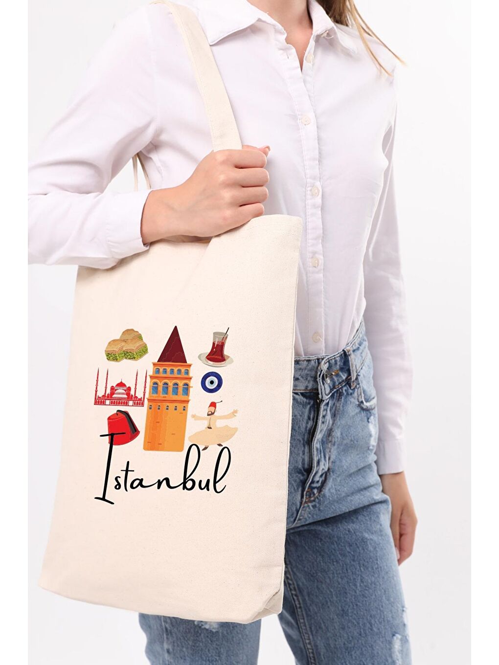 Ekru Kanvas Festanbul Baskılı Bez Çanta-2