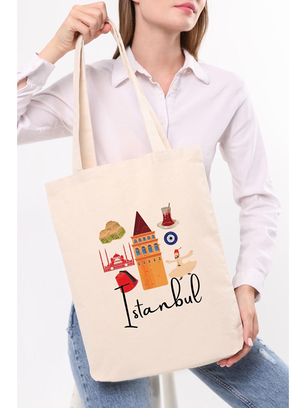 Ekru Kanvas Festanbul Baskılı Bez Çanta-3
