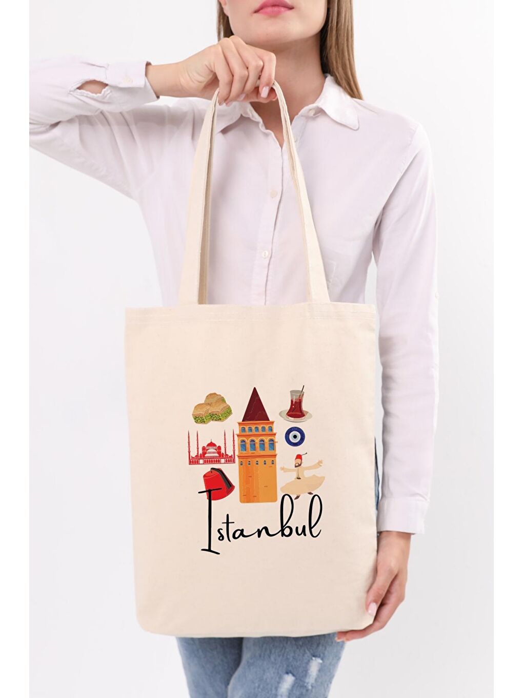 Ekru Kanvas Festanbul Baskılı Bez Çanta-4
