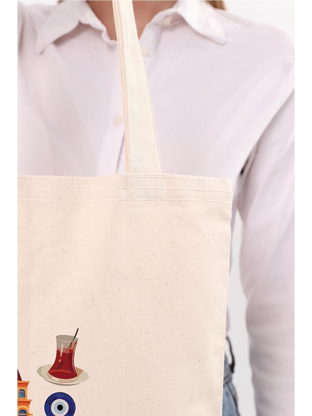 Ekru Kanvas Festanbul Baskılı Bez Çanta-5