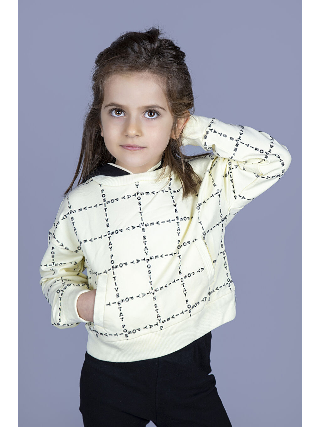 Sarı Kız Çocuk Positive Baskılı Crop Sweatshirt-1
