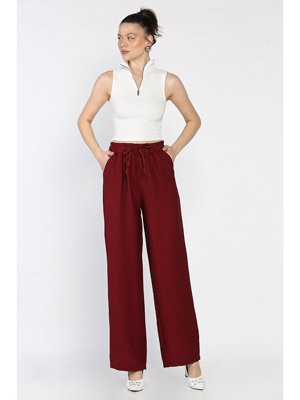 Bordo Kadın Yüksek Bel Cep Taşlı Palazzo Pantolon-1