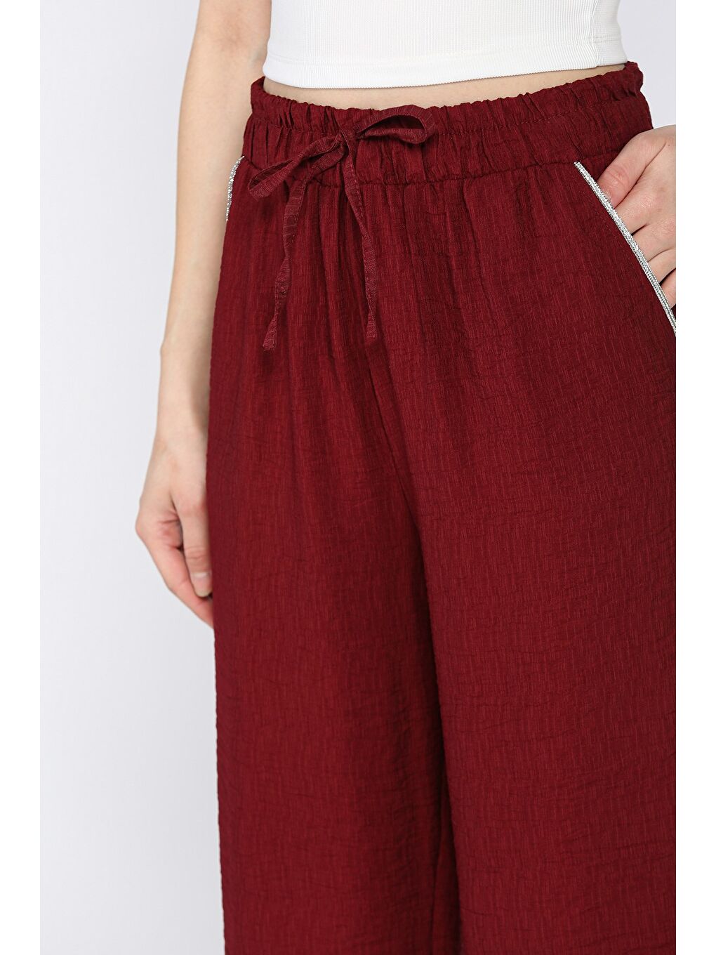 Bordo Kadın Yüksek Bel Cep Taşlı Palazzo Pantolon-3