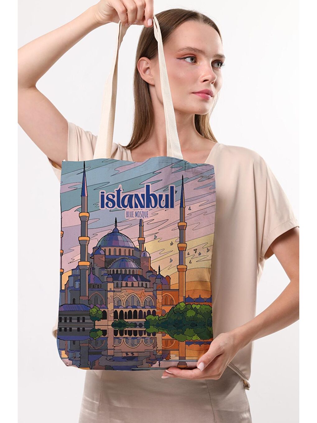Ekru Kanvas İstanbul Blue Mosque Baskılı Bez Çanta