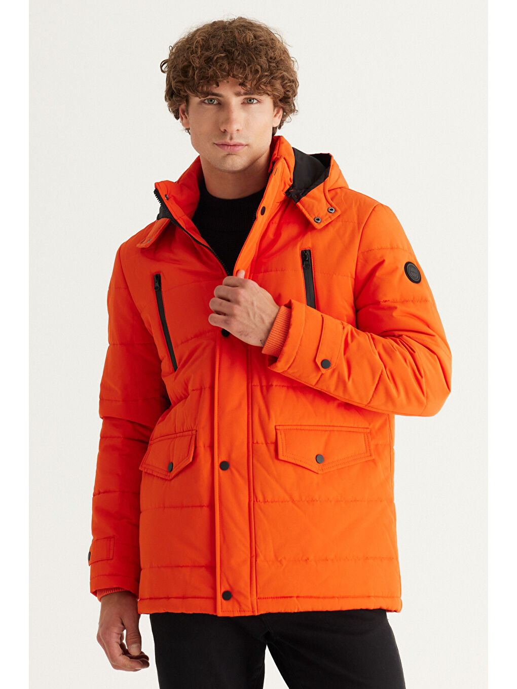 Erkek Turuncu Standart Fit Normal Kesim Dik Yaka Soğuk Geçirmez Outdoor Kaban