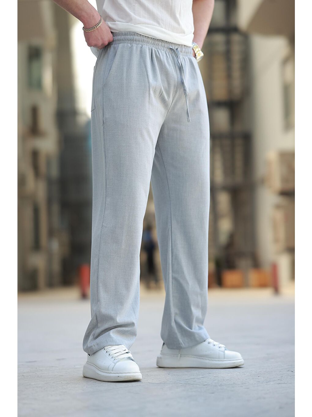 Gri  Beli Ayarlanabilir Rahat Kesim Erkek Pantolon E6564