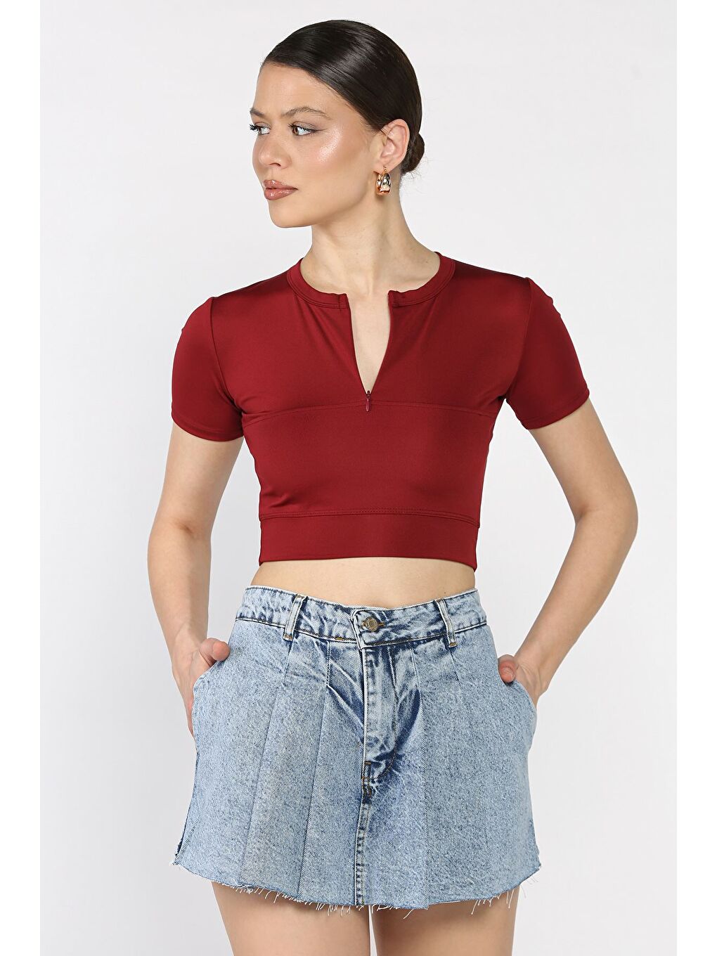 Bordo Kadın Ön Fermuarlı Modal Kumaş Crop Top Bluz