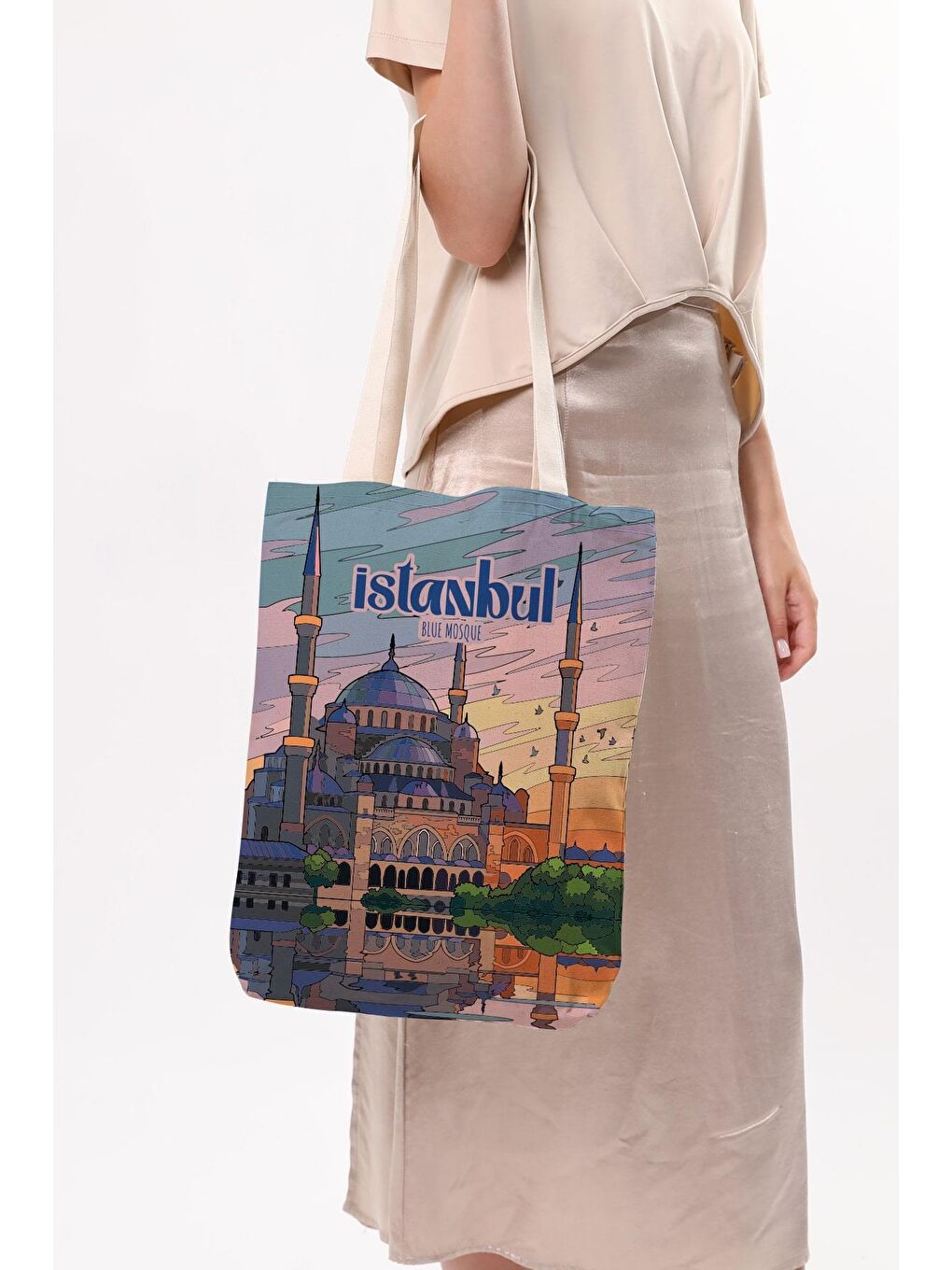 Ekru Kanvas İstanbul Blue Mosque Baskılı Bez Çanta-4