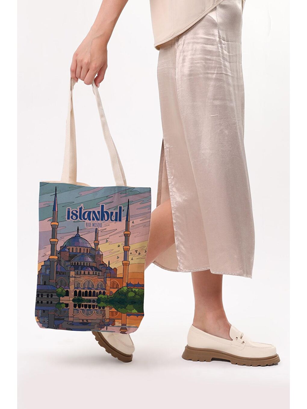 Ekru Kanvas İstanbul Blue Mosque Baskılı Bez Çanta-5