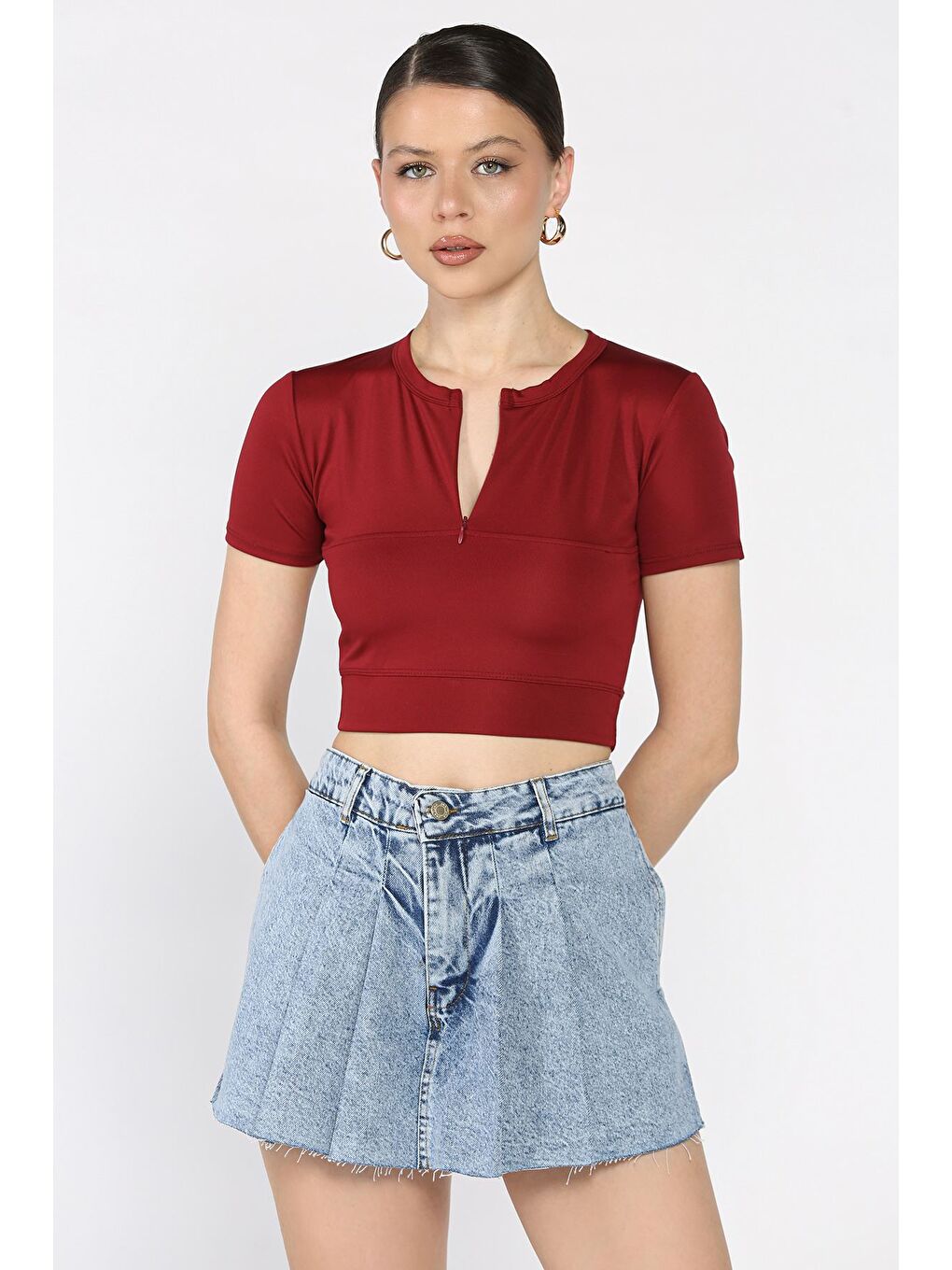 Bordo Kadın Ön Fermuarlı Modal Kumaş Crop Top Bluz-1
