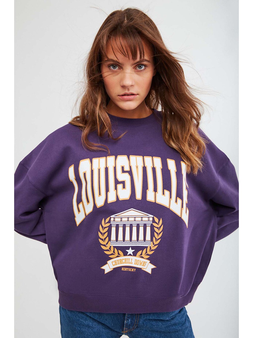Ramona Kadın Oversize Yumuşacık İçi Polarlı Organik Pamuklu Baskılı Yuvarlak Yakalı Mor Sweatshirt-1