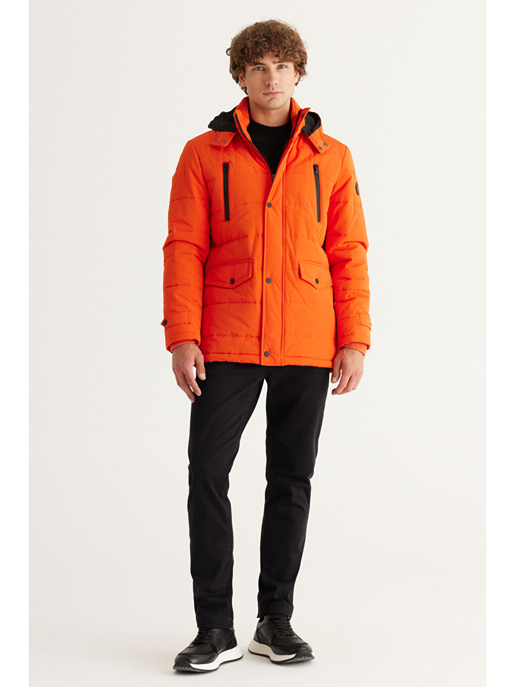 Erkek Turuncu Standart Fit Normal Kesim Dik Yaka Soğuk Geçirmez Outdoor Kaban-1