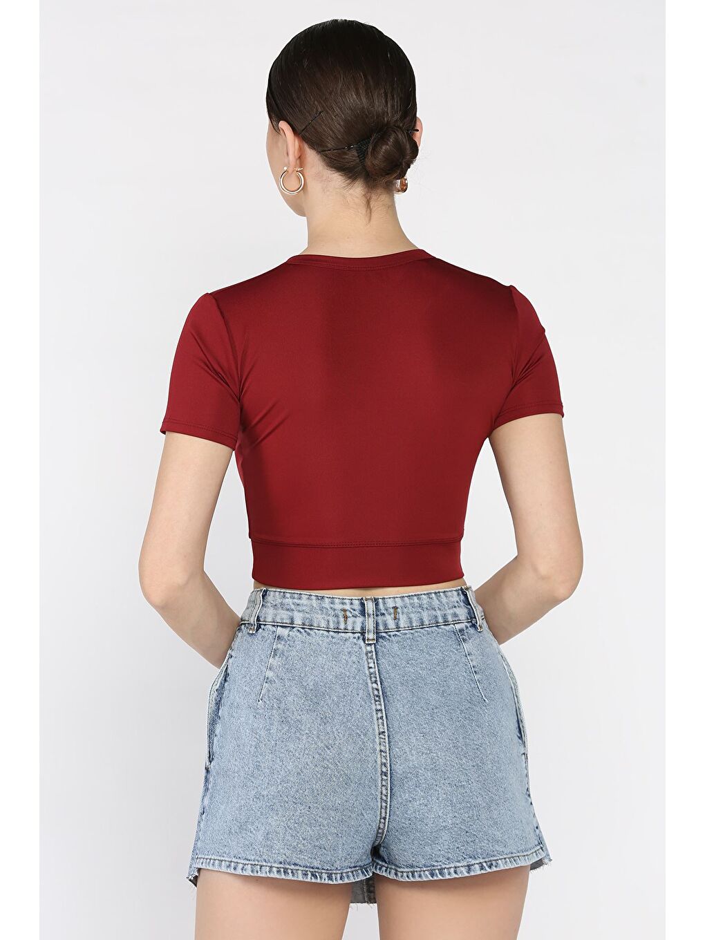 Bordo Kadın Ön Fermuarlı Modal Kumaş Crop Top Bluz-2