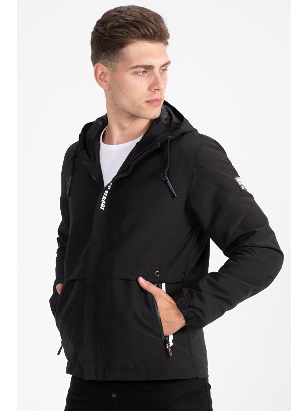 Oksit Siyah Mood Street Baskılı Su İtici Slim Fit Erkek Yağmurluk Mont