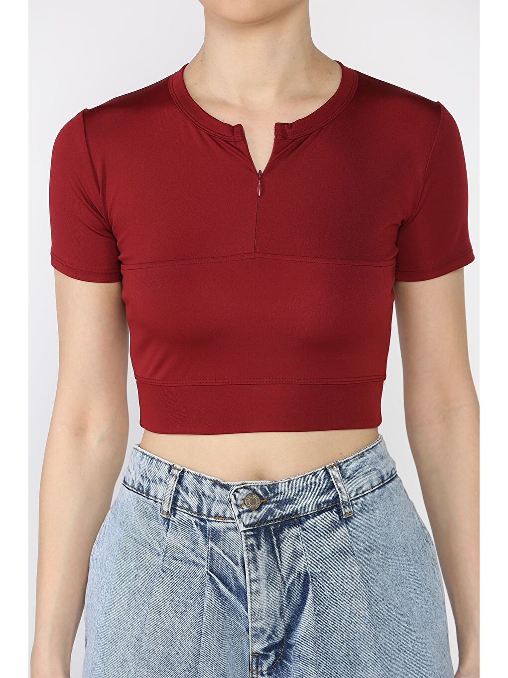 Bordo Kadın Ön Fermuarlı Modal Kumaş Crop Top Bluz-3
