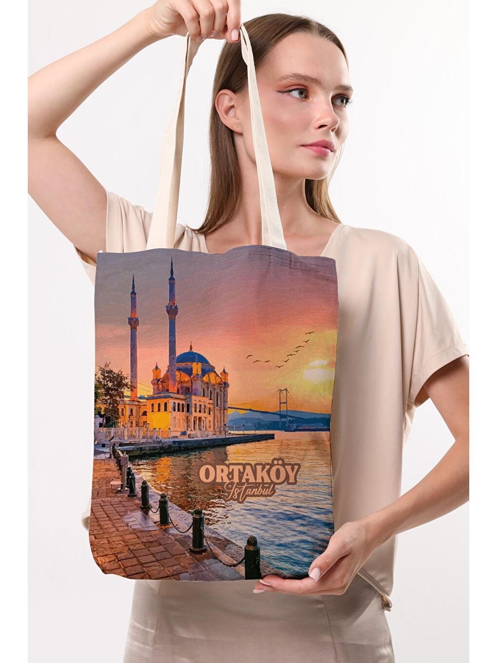 Ekru Kanvas İstanbul Ortaköy Baskılı Bez Çanta