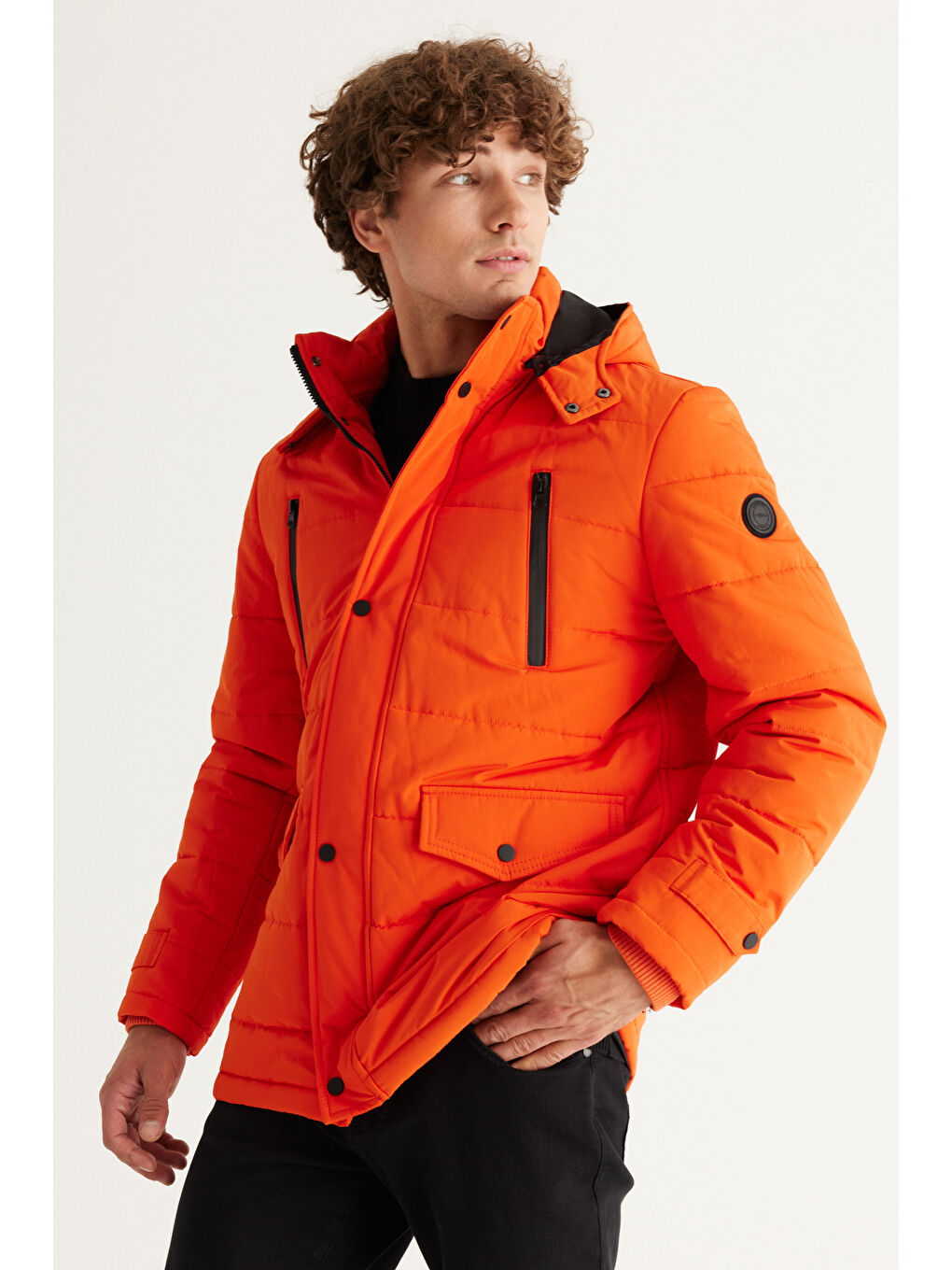 Erkek Turuncu Standart Fit Normal Kesim Dik Yaka Soğuk Geçirmez Outdoor Kaban-2