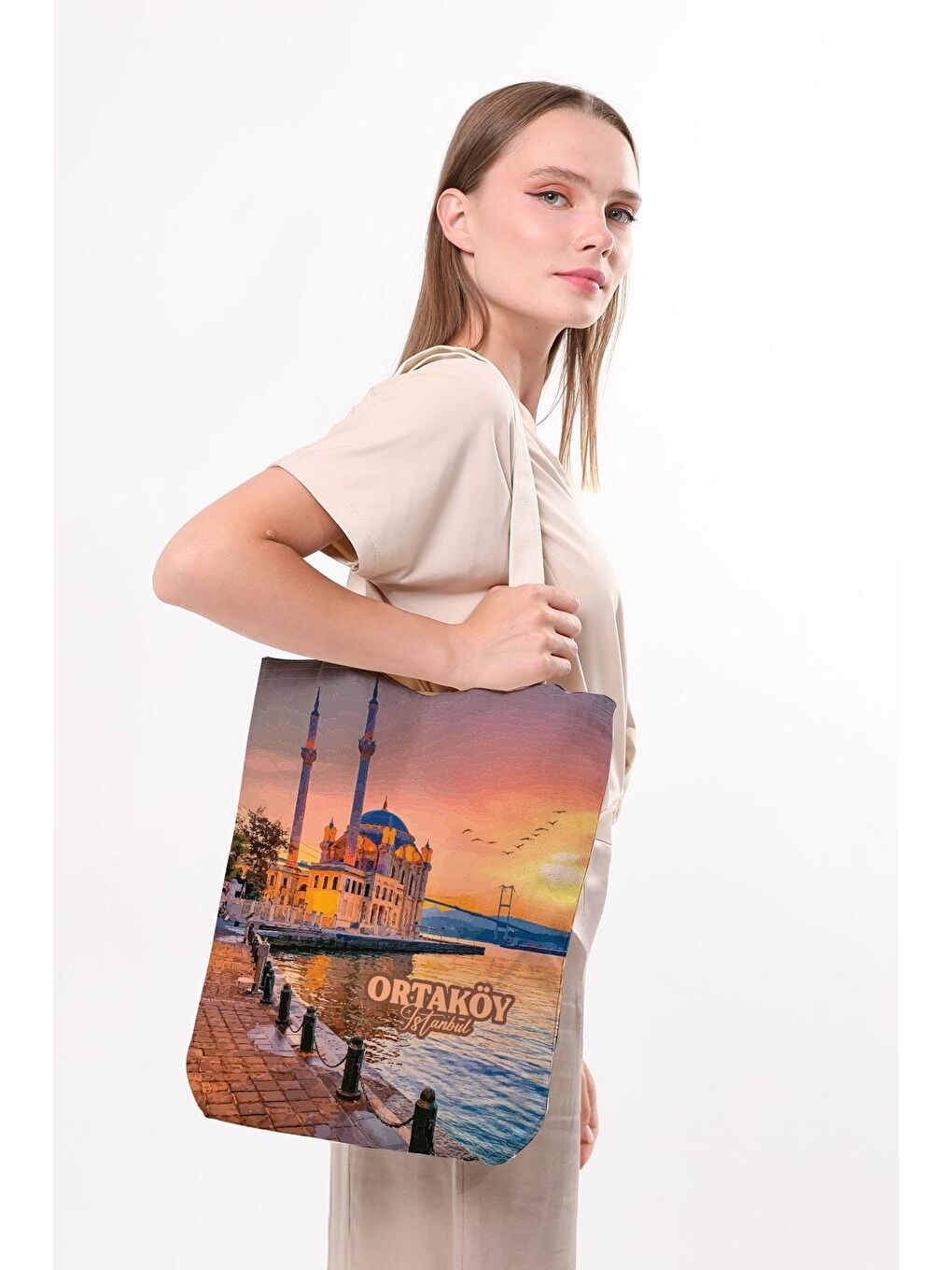 Ekru Kanvas İstanbul Ortaköy Baskılı Bez Çanta-1