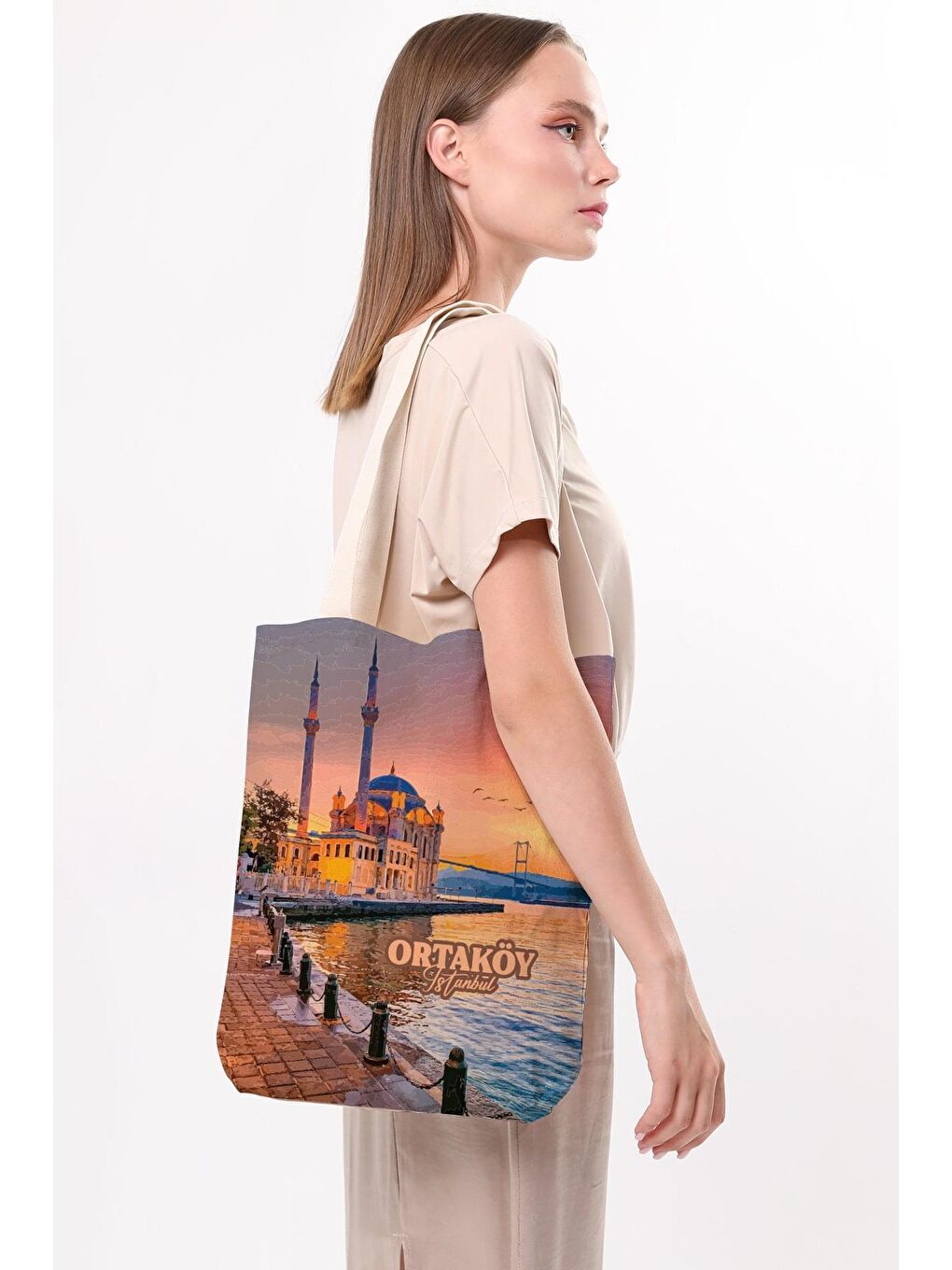 Ekru Kanvas İstanbul Ortaköy Baskılı Bez Çanta-2