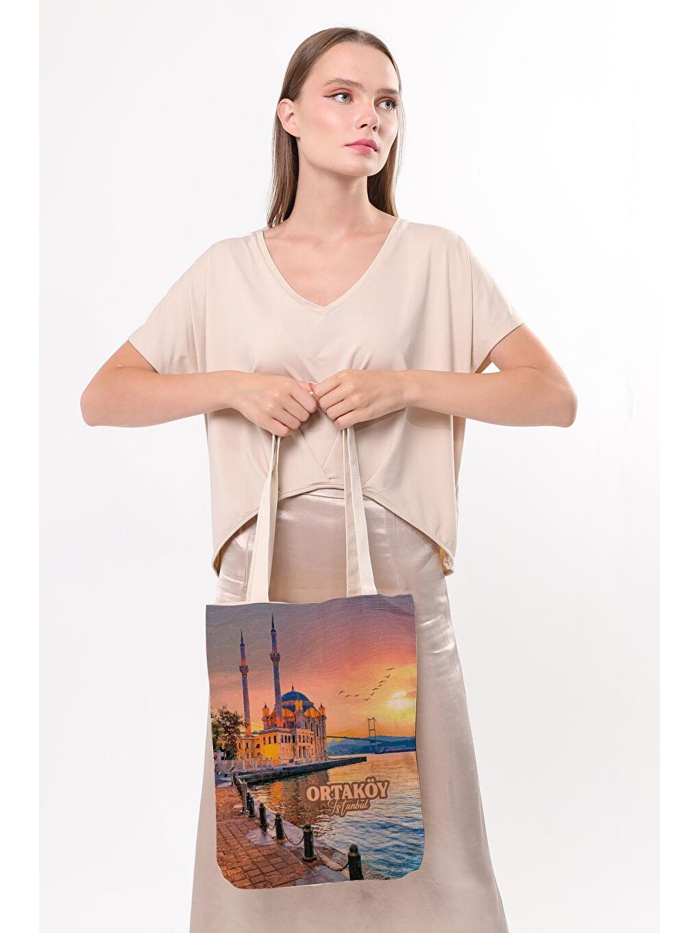 Ekru Kanvas İstanbul Ortaköy Baskılı Bez Çanta-3