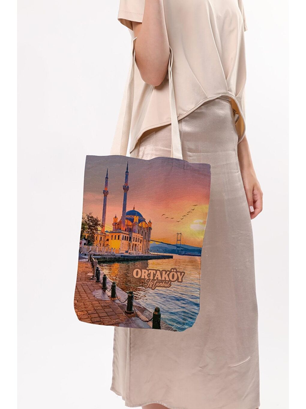 Ekru Kanvas İstanbul Ortaköy Baskılı Bez Çanta-4